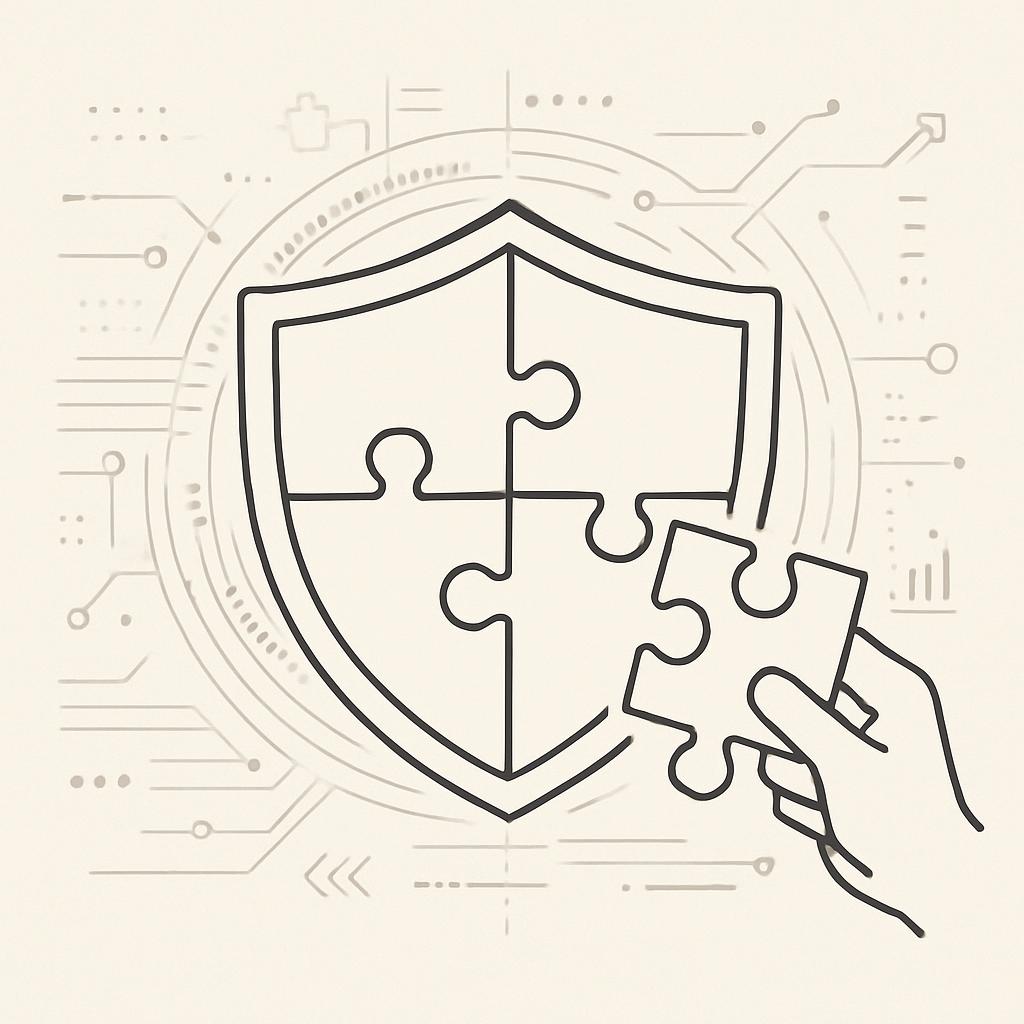 A shield with a puzzle in the foreground and encrypted text in the background.