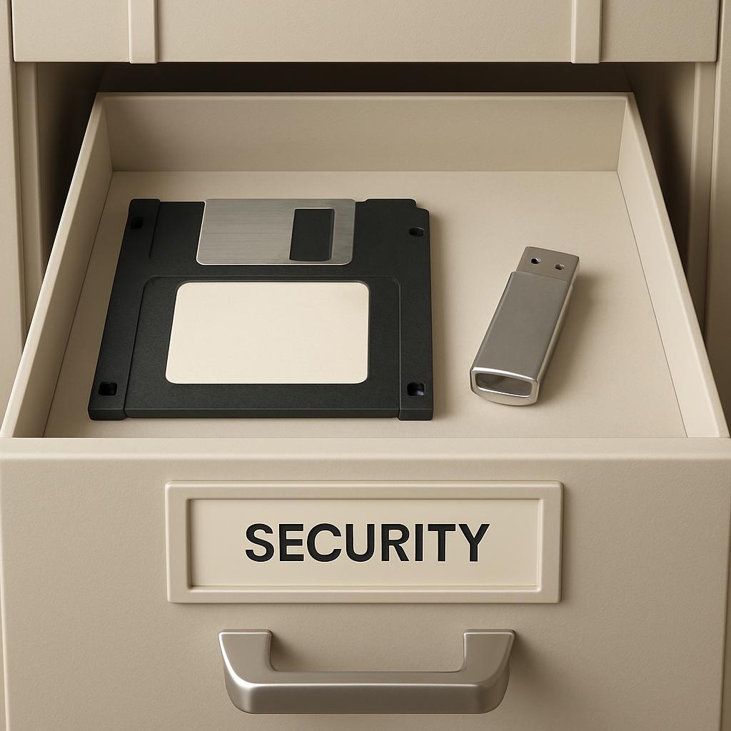 A floppy disk, USB drive, and security drawer.