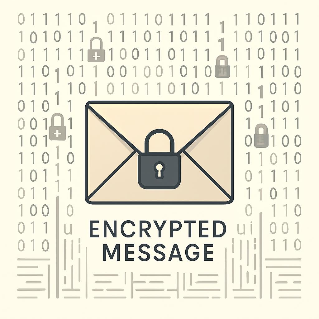 An illustration of an envelope with a padlock, surrounded by binary code, symbolizing securely encrypted emails.