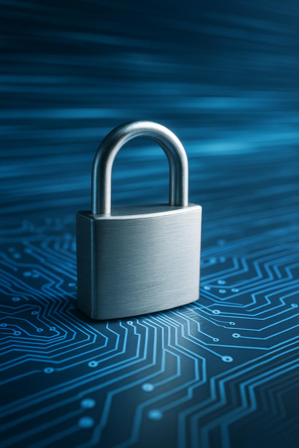 Padlock on a computer circuit board with a closely matching circuit design, suggesting electronic security themes.