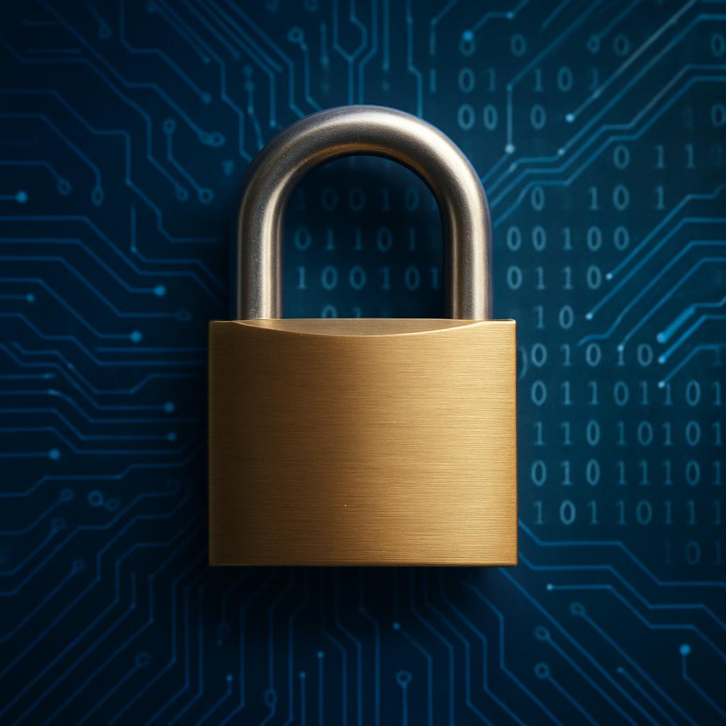 A padlock in front of a computer circuit board with numbers.